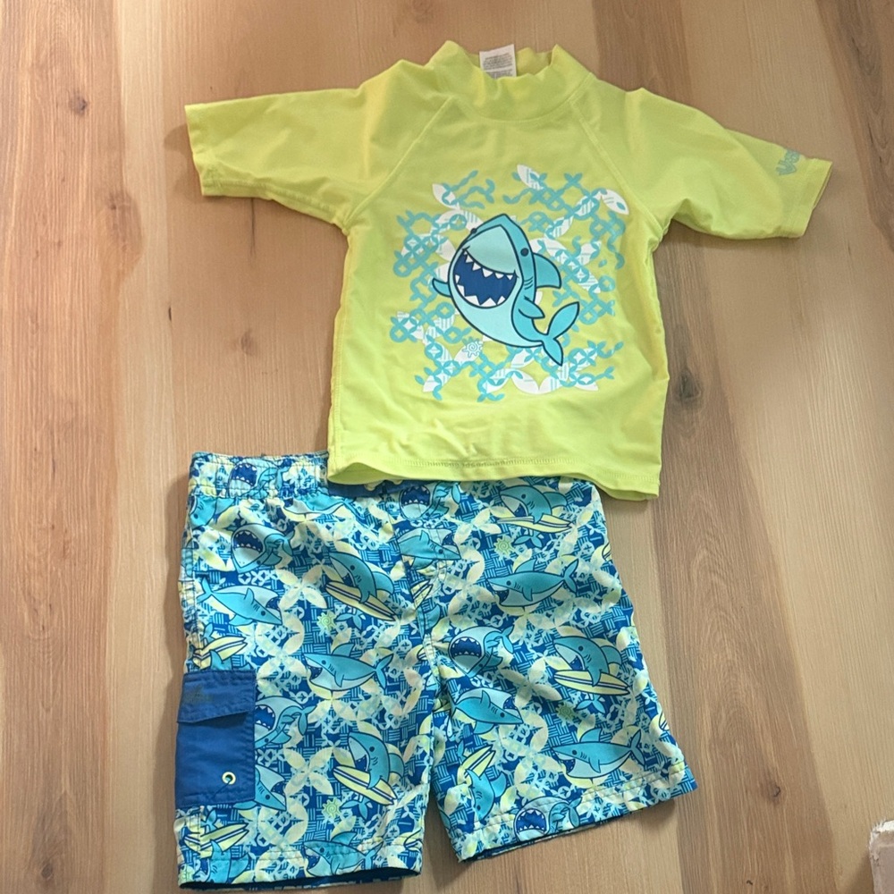 Kids Lime Yellow Shark Rashguard and Trunks Set